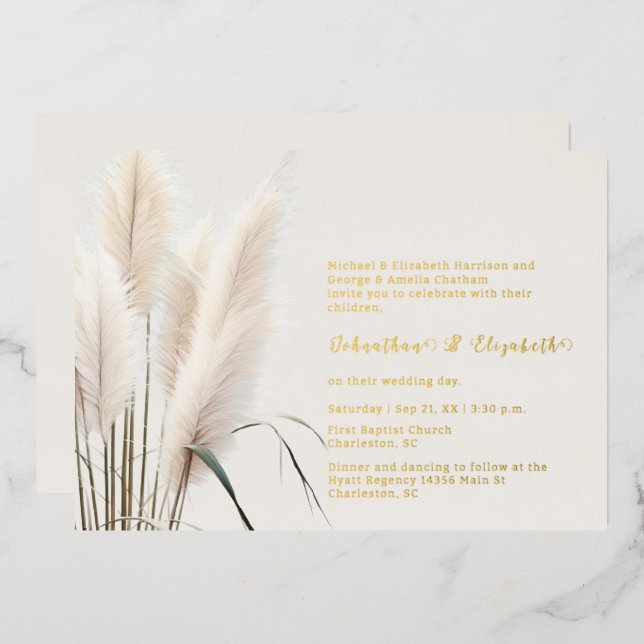 Boho Pampas Grass Wedding Folieneinladung (Vorderseite/Rückseite)