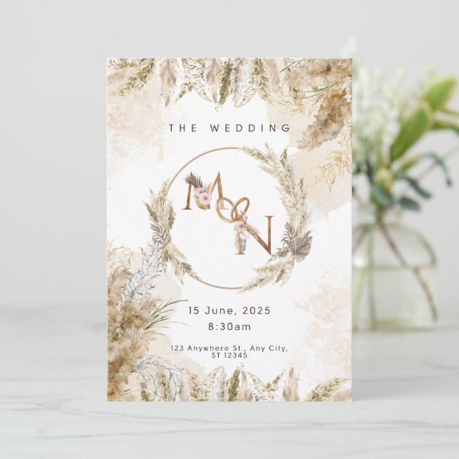 Boho Pampas Grass Wedding Invitation  Einladung (Stehend Vorderseite)