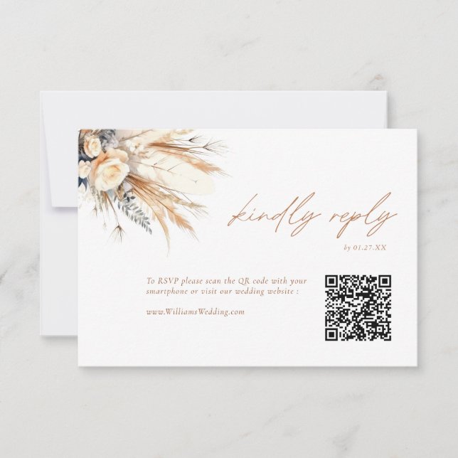 Boho Pampas Grass Wedding RSVP QR Code Card Einladung (Vorderseite)