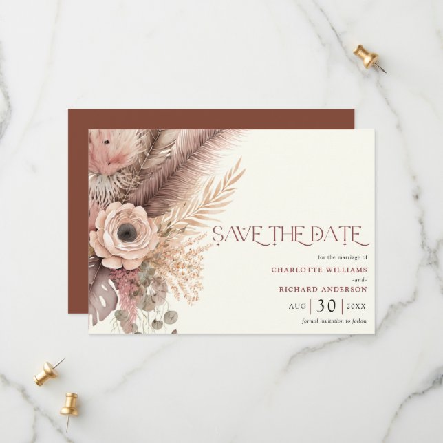 Boho Pampas Grass Wedding Save the Date Card (Vorderseite/Rückseite Beispiel)