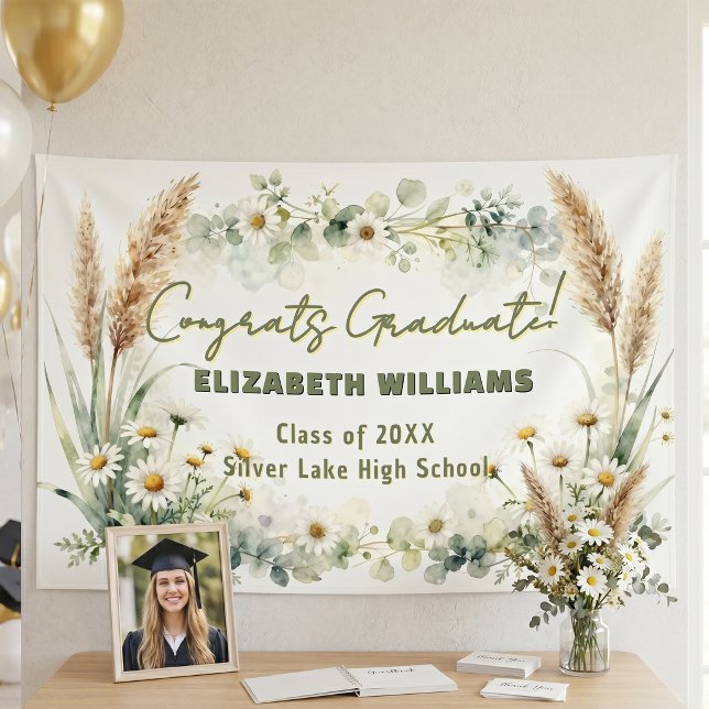Boho Pampas Grass White Daisies Graduation Party Banner (Von Creator hochgeladen)