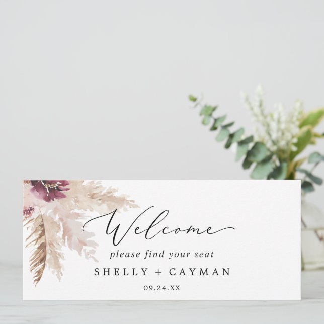 Boho Pampas Hanging Seating Chart Welcome Header (Stehend Vorderseite)