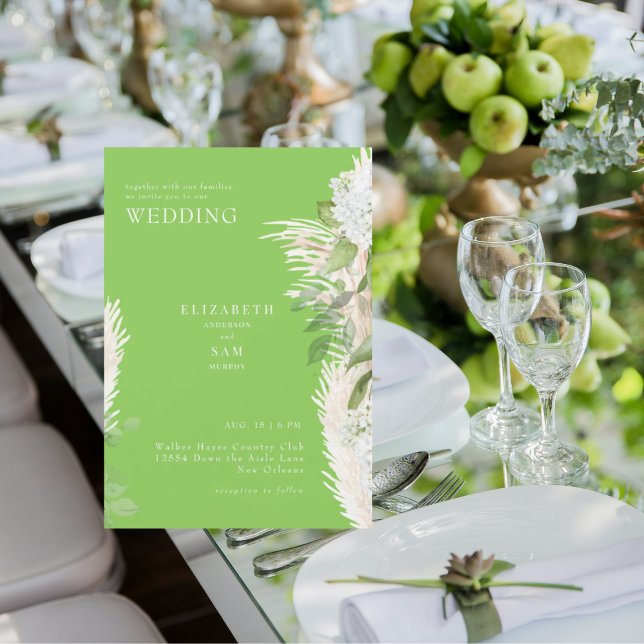 Boho Pampas Lime Green White Hydrangea Wedding Einladung (Von Creator hochgeladen)