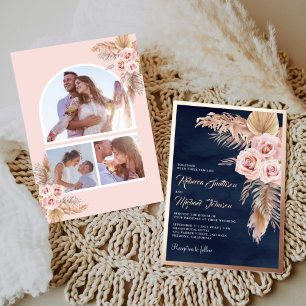 Boho Pampas Navy Blue Dusty Pink Wedding Rose Gold Folieneinladung