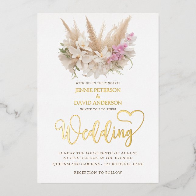 Boho Pampas & Orchid Wedding Foil Folieneinladung (Vorderseite)