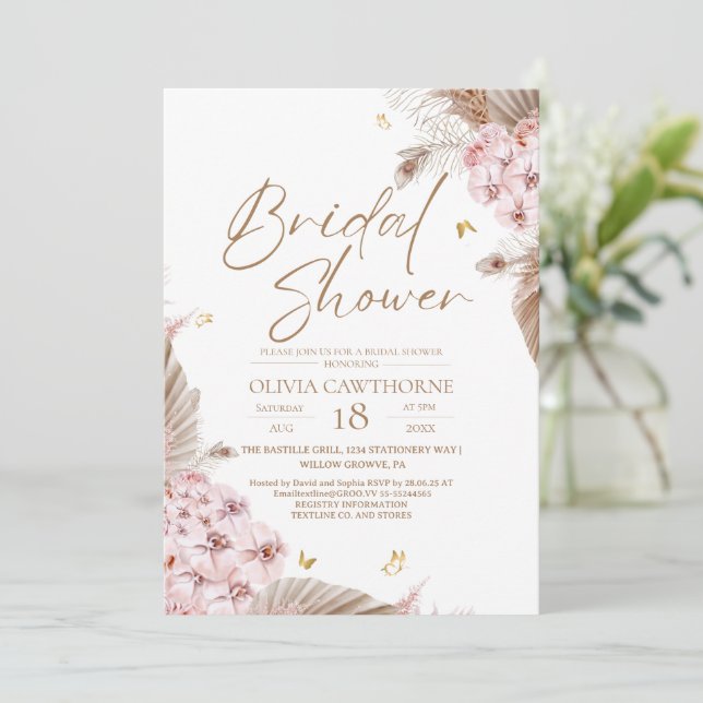 Boho Pampas Orchidee Brautparty-Einladung Einladung (Stehend Vorderseite)