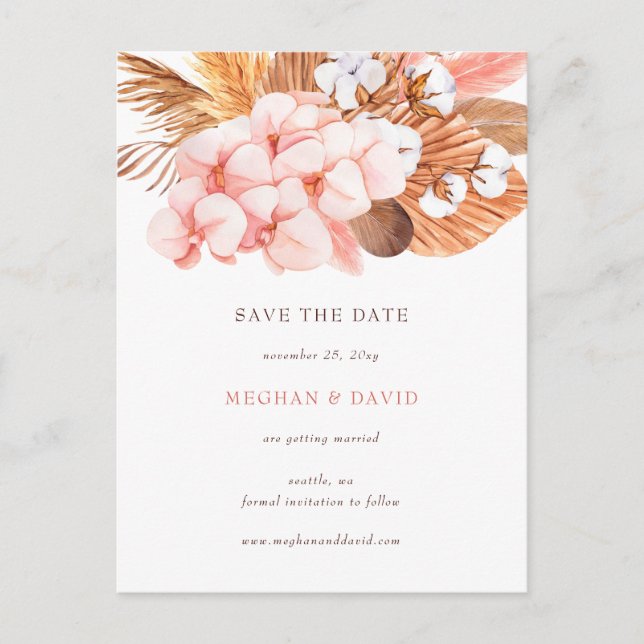 Boho Pampas Orchids Cotton Blush Save the Date Ankündigungspostkarte (Vorderseite)