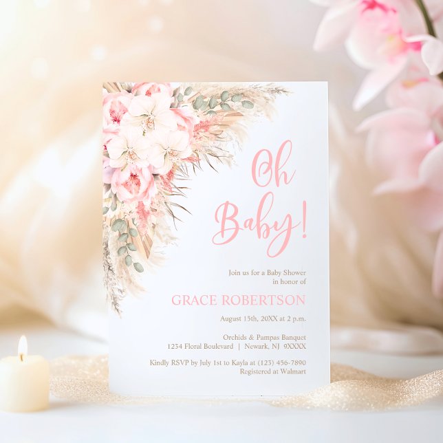 Boho Pampas Orchids Peonies Girl Oh Baby Dusche Einladung (Boho Pampas Orchids Peonies Girl Oh Baby Shower Invitation)