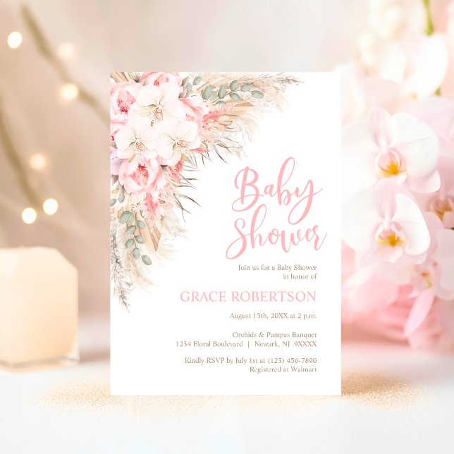 Boho Pampas Orchids Peonies Neutral Baby Shower Einladung (Boho Pampas Orchids Peonies Pink Neutral Baby Shower Invitation)