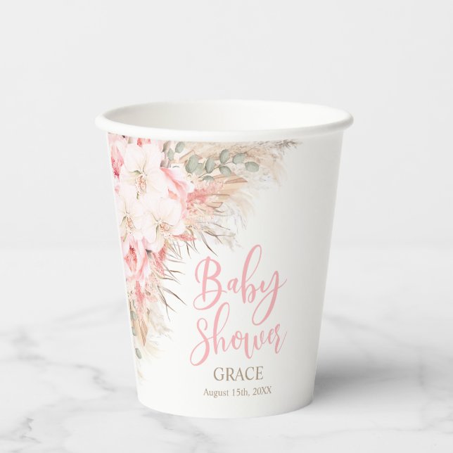 Boho Pampas Orchids Peonies Neutral Baby Shower Pappbecher (Vorderseite)