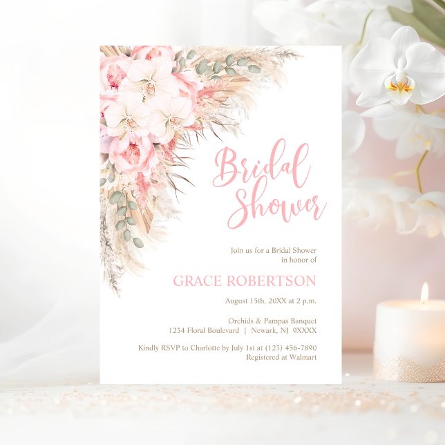 Boho Pampas Orchids Peonies Neutrales Brautparty Einladung (Boho Pampas Orchids Peonies Pampas Grass Bridal Shower Invitation)