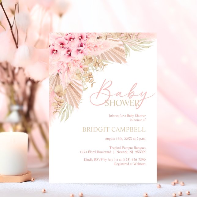 Boho Pampas Orchids Pink Neutral Baby Dusche Einladung (Boho Pampas Orchids Pink Neutral Baby Shower Invitation)