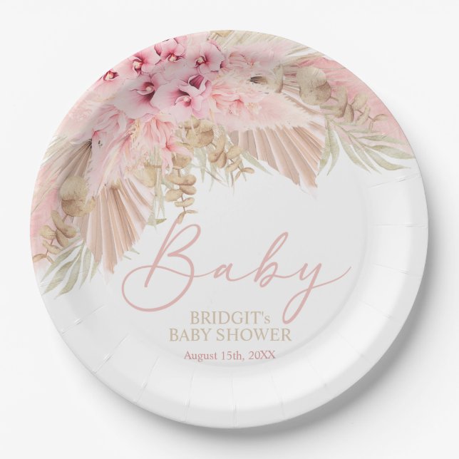 Boho Pampas Orchids Pink Neutral Baby Dusche Pappteller (Vorderseite)
