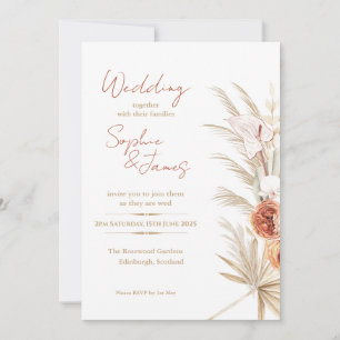 Boho-Pampas-Pfirsich-Rosen-Tropische-Palmen-Hochze Einladung
