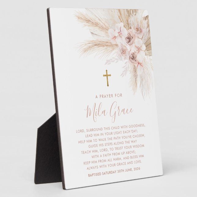 Boho Pampas Pink Girl Floral Taufe Gebetsunterschr Fotoplatte (Seite)