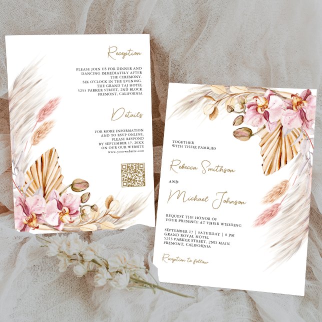 Boho Pampas Pink Orchid Floral QR Code Hochzeit Einladung (Von Creator hochgeladen)