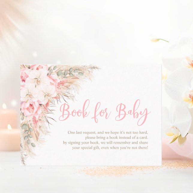 Boho Pampas Pink Orchids Book for Baby Shower Girl Begleitkarte (Boho Pampas Pink Orchids Peonies Book for Baby Shower Girl Enclosure Card)