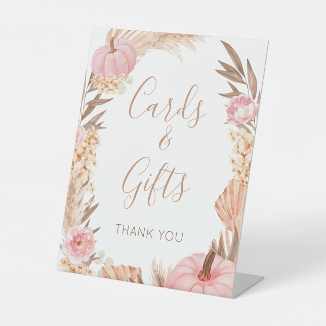 Boho Pampas pink Pumpkin cards & gifts sign Sockelschild (Vorderseite)