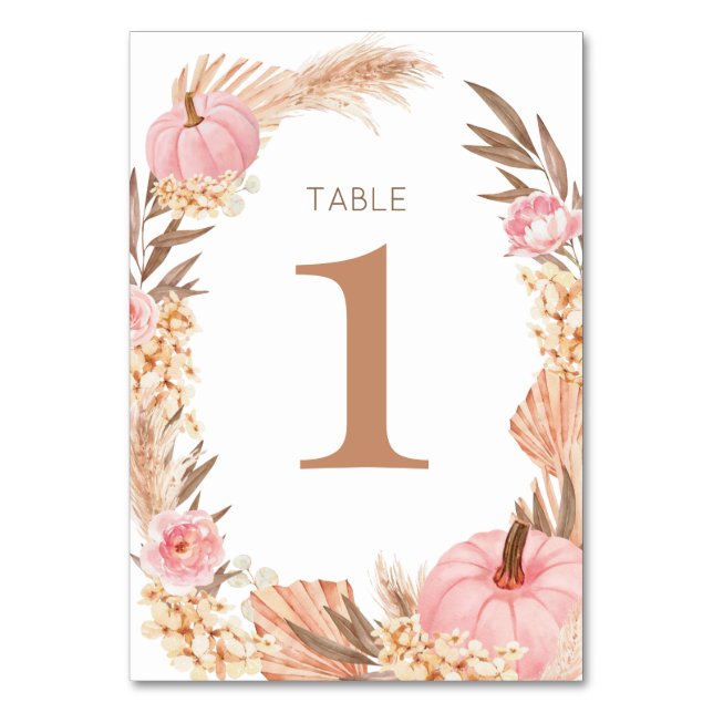Boho Pampas pink  Pumpkin Table number Tischnummer (Vorderseite)