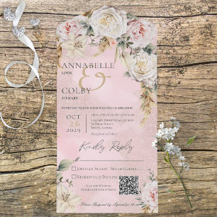 Boho Pampas & Pink Rosen Pinker QR-Code All In One Einladung