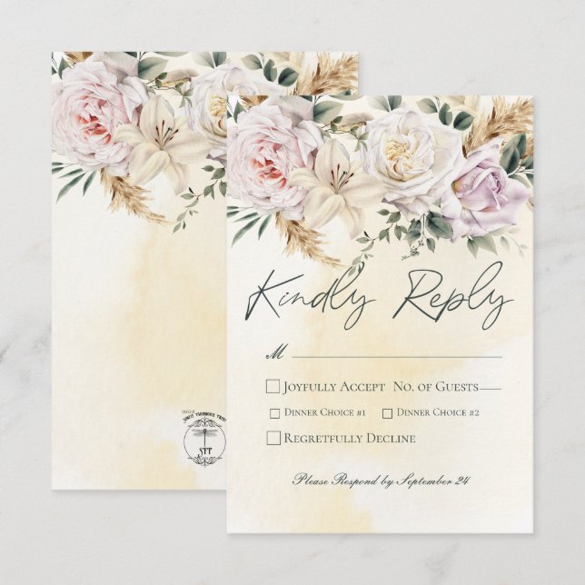 Boho Pampas & Pink Roses Cream Wedding RSVP Karte (Vorne/Hinten)