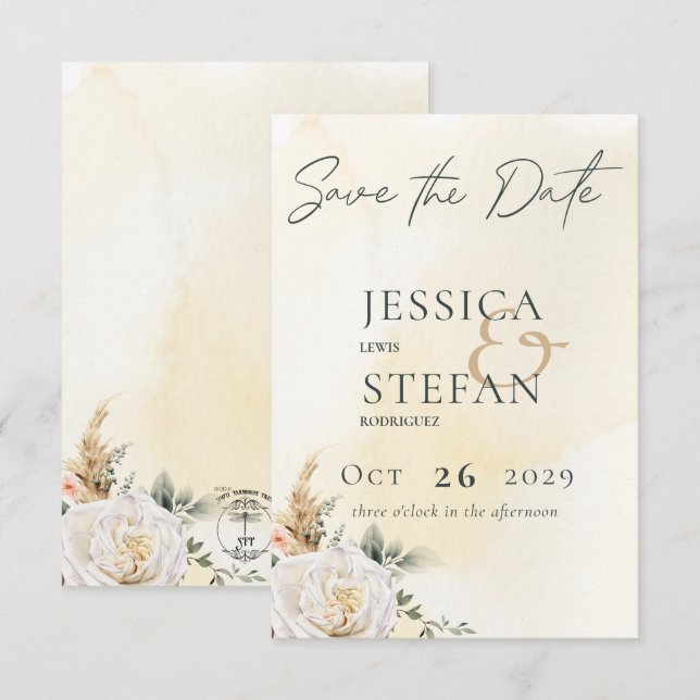 Boho Pampas & Pink Roses Cream Wedding Save The Date (Vorne/Hinten)