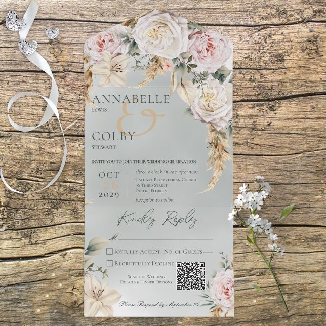 Boho Pampas & Pink Roses Green QR Code All In One Einladung (Von Creator hochgeladen)