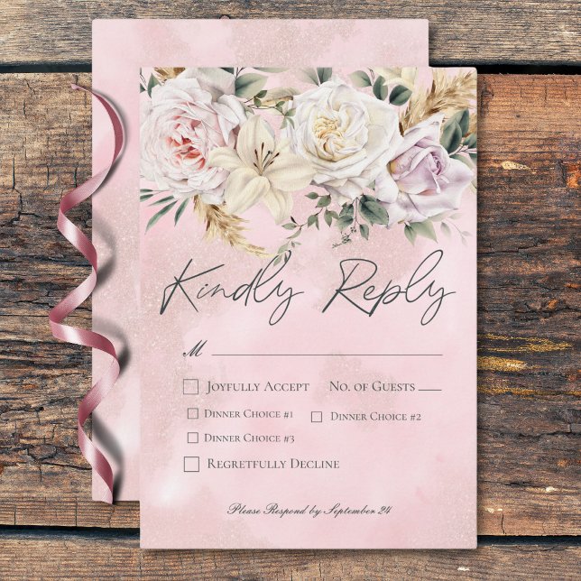 Boho Pampas & Pink Roses Hochzeitsessen RSVP Karte (Boho Pampas & Pink Roses Wedding Dinner RSVP Card)