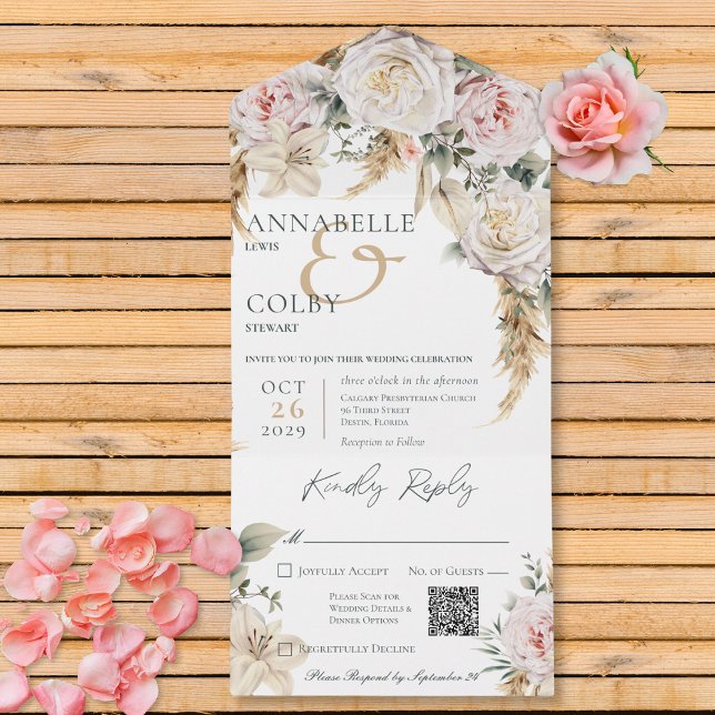 Boho Pampas & Pink Roses White QR Code All In One Einladung (Boho Pampas & Pink Roses White QR Code All In One Invitation)