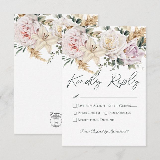 Boho Pampas & Pink Roses White Wedding RSVP Karte (Vorne/Hinten)