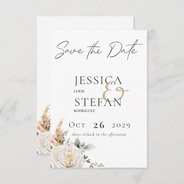 Boho Pampas & Pink Roses White Wedding Save The Date (Vorne/Hinten)