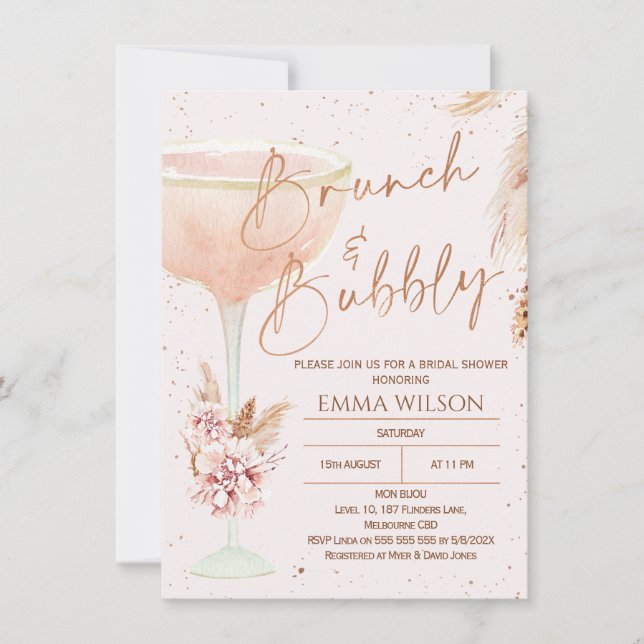 Boho Pampas Rose Gold Brunch Bubble Brautparty Einladung (Vorderseite)