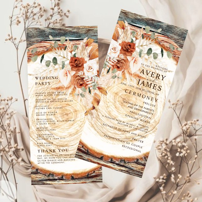 Boho Pampas Rustikale Holzscheiben-Hochzeitsprogra (Von Creator hochgeladen)