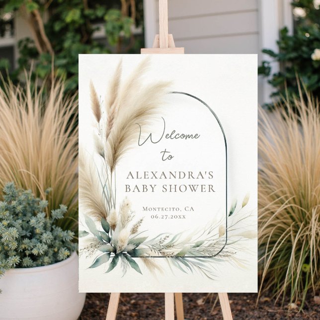 Boho Pampas Sage Green Baby Dusche Begrüßungszeich Poster (baby shower welcome sign pampas grass greenery boho chic)