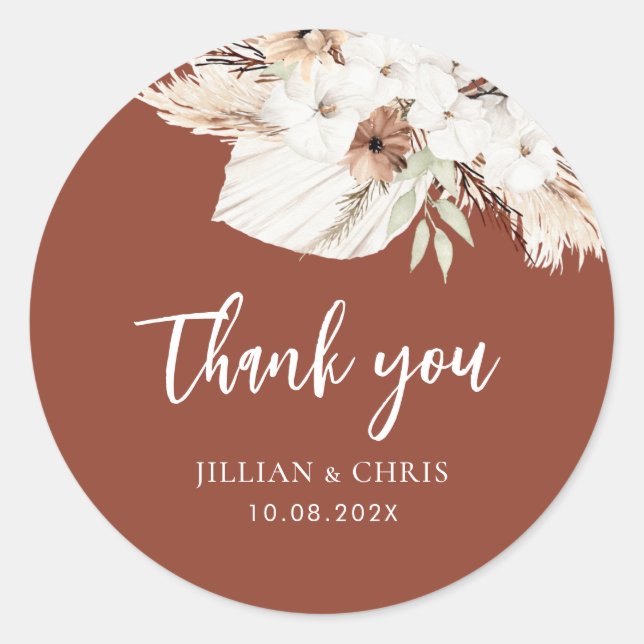 Boho Pampas Terracotta Hochzeit Klassik Roulette Runder Aufkleber (Vorderseite)