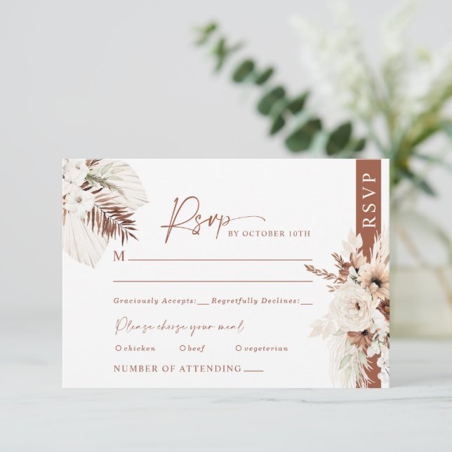 Boho Pampas Terracotta Wedding RSVP Card Response Karte (Stehend Vorderseite)