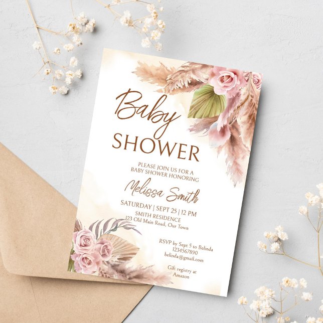 Boho pampas trocken gras beige Rose Babydusche Einladung (Boho pampas dry grass earthy pastel cream roses baby shower invitation template instant download)
