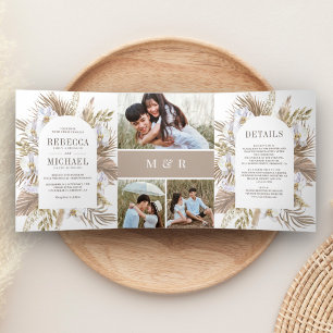Boho Pampas Weiße Orchidee Getrocknete Palme Hochz Dreifach Gefaltete Einladung