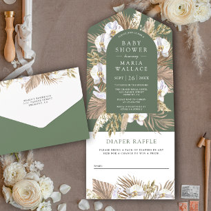 Boho Pampas Weiße Orchidee Salbei Grün Babyparty All In One Einladung