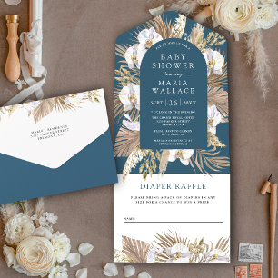 Boho Pampas Weiße Orchidee Staubblauer Babyshower All In One Einladung