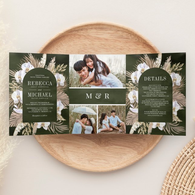 Boho Pampas White Orchid Driving Palm Sage Wedding Dreifach Gefaltete Einladung (Von Creator hochgeladen)