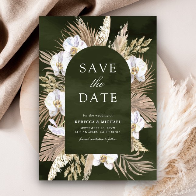 Boho Pampas White Orchid Olive Green Wedding Save The Date (Von Creator hochgeladen)