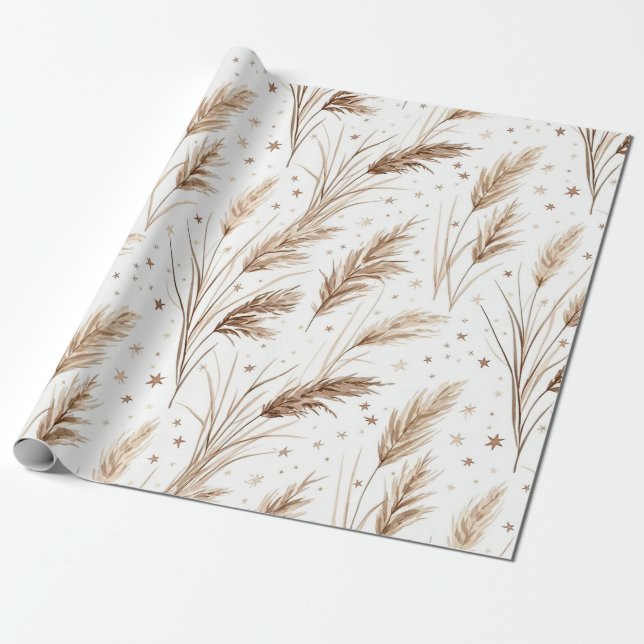 Boho-Pampasgras Beige Braun Sternenmuster (1) Geschenkpapier (Ungerollt)
