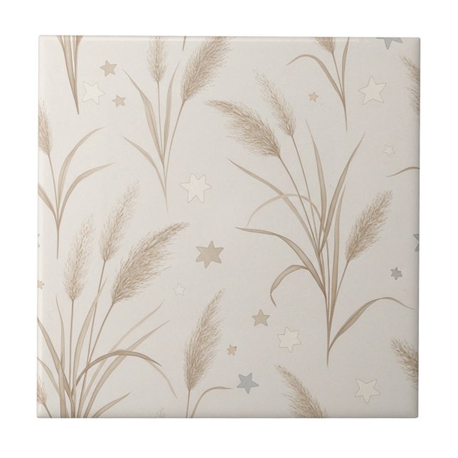 Boho-Pampasgras-Beige-Braun-Sternenmuster (2) Fliese (Vorderseite)