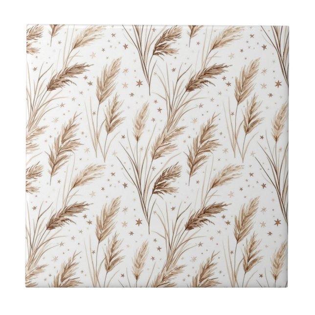 Boho-Pampasgras-Beige-Braun-Sternmuster (1) Fliese (Vorderseite)