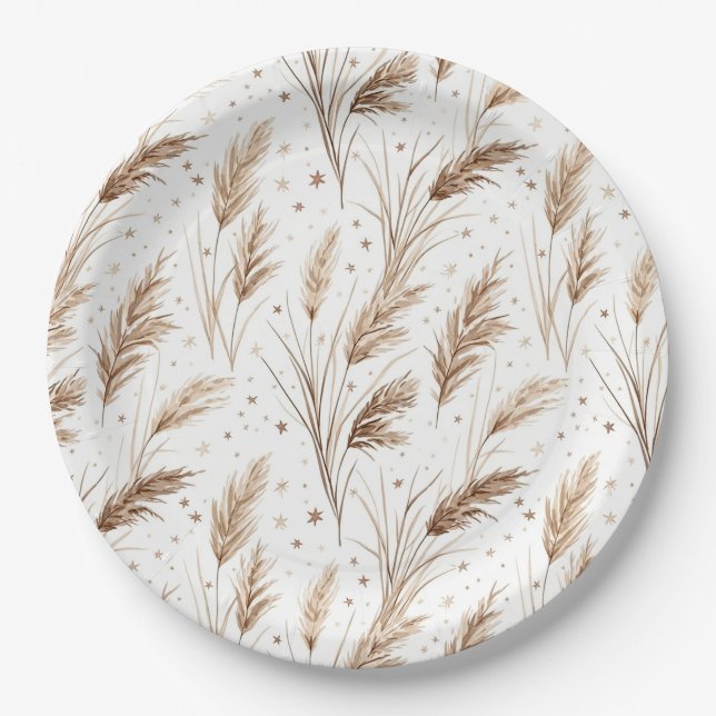 Boho-Pampasgras-Beige-Braun-Sternmuster (1) Pappteller (Vorderseite)