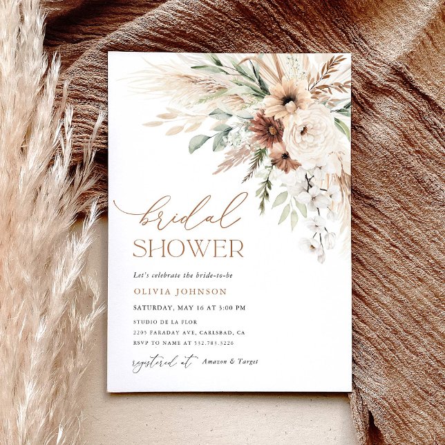 Boho-Pampasgras-Blumen-Brautjunggesellinnenabschie Einladung (Boho Pampas Grass Floral Bridal Shower Invitation, Rustic Neutral Earth Tone Bridal Shower Invite)