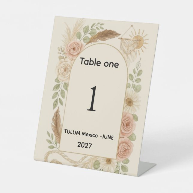 Boho-Pampasgras-Bogen-Tischnummern-Podest-Schild  Sockelschild (Vorderseite)