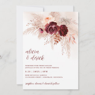 Boho-Pampasgras-Bordeauxrosen-Hochzeit Einladung