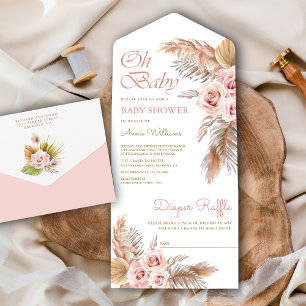 Boho-Pampasgras-Staubrosa Rosen Baby Shower All In One Einladung